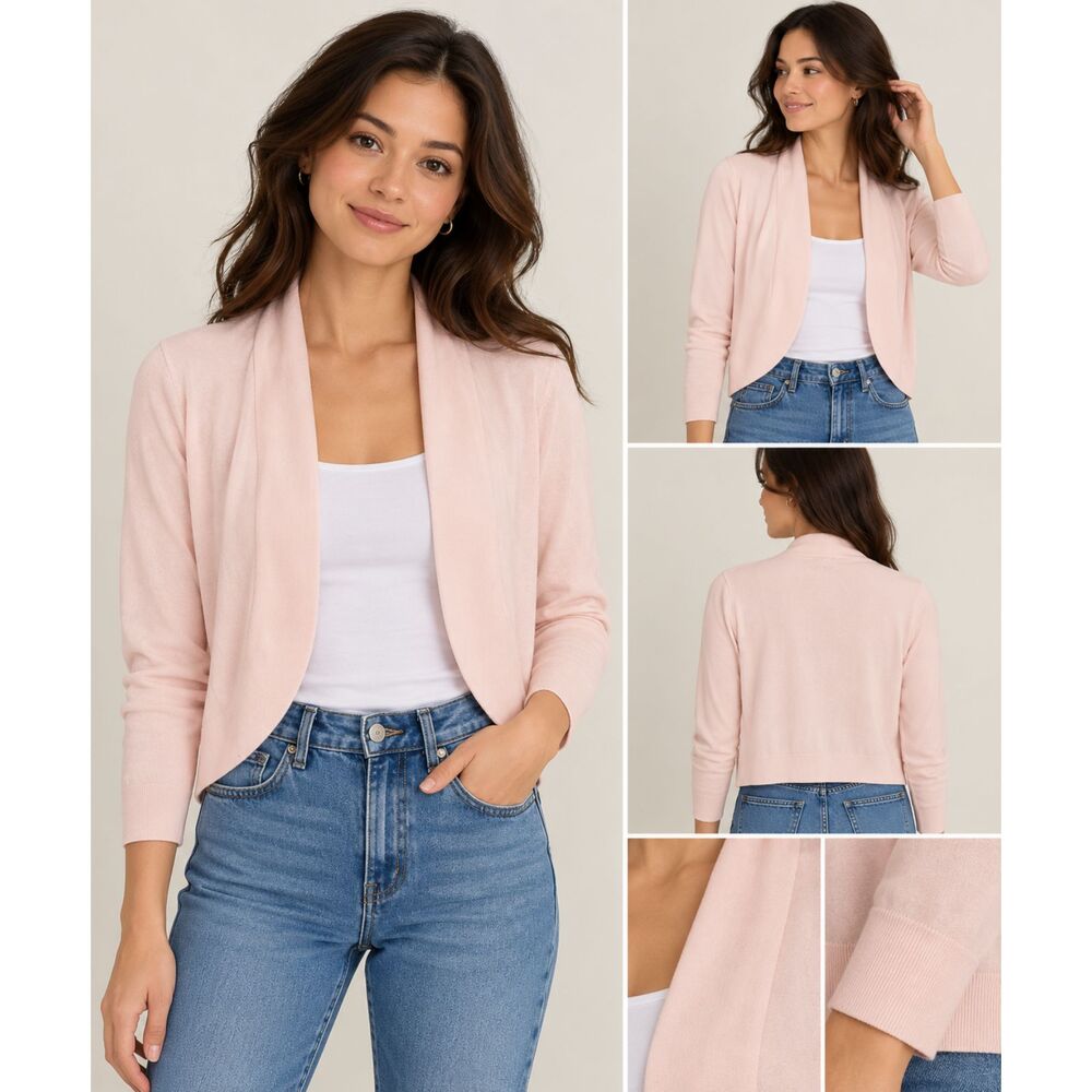 Ronni Nicole Ballet Light Pink Open Front Cropped Shrug Cardigan Medium - Picture 7 of 7